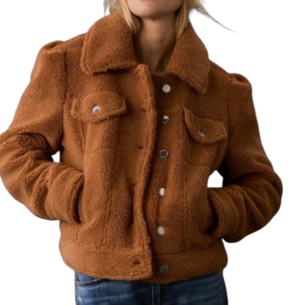 Anthropologie Avec Les Filles Teddy Sherpa Trucker Jacket in Caramel Brown-NWOT